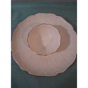 Lenox Ivory Gold Trim Chip and Dip Set Embossed Leaf Serving Platter Bowl USA